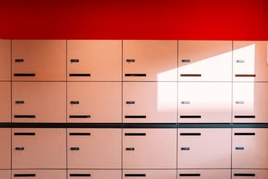 Business professional working at desk with locked filing cabinet and security documents